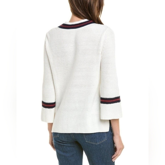 Cabi White Ribbed V-Neck Bell Sleeve Ace Pullover Sweater Preppy Classic - Picture 4 of 12